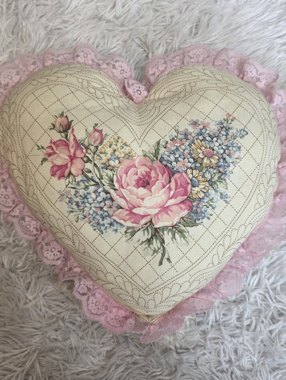Heart-Shaped Floral Throw Pillow in Pink and Cream Y2k Vintage Cottagecore